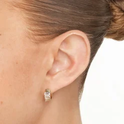 Online White Topaz Baguette Textured Huggie Earrings in Gold Natural Gemstones | 18k Fine Gold Plated