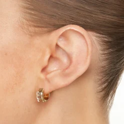 Online White Topaz Baguette Textured Huggie Earrings in Gold Natural Gemstones | 18k Fine Gold Plated