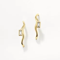 Hot White Topaz Baguette Wave Suspender Bar Earrings in Gold Natural Gemstones | 18k Fine Gold Plated