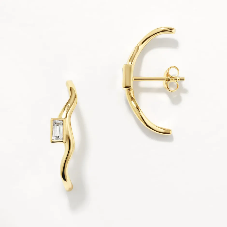 Hot White Topaz Baguette Wave Suspender Bar Earrings in Gold Natural Gemstones | 18k Fine Gold Plated