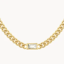 Outlet White Topaz Curb Chain Necklace in Gold Gifts For Him | Natural Gemstones