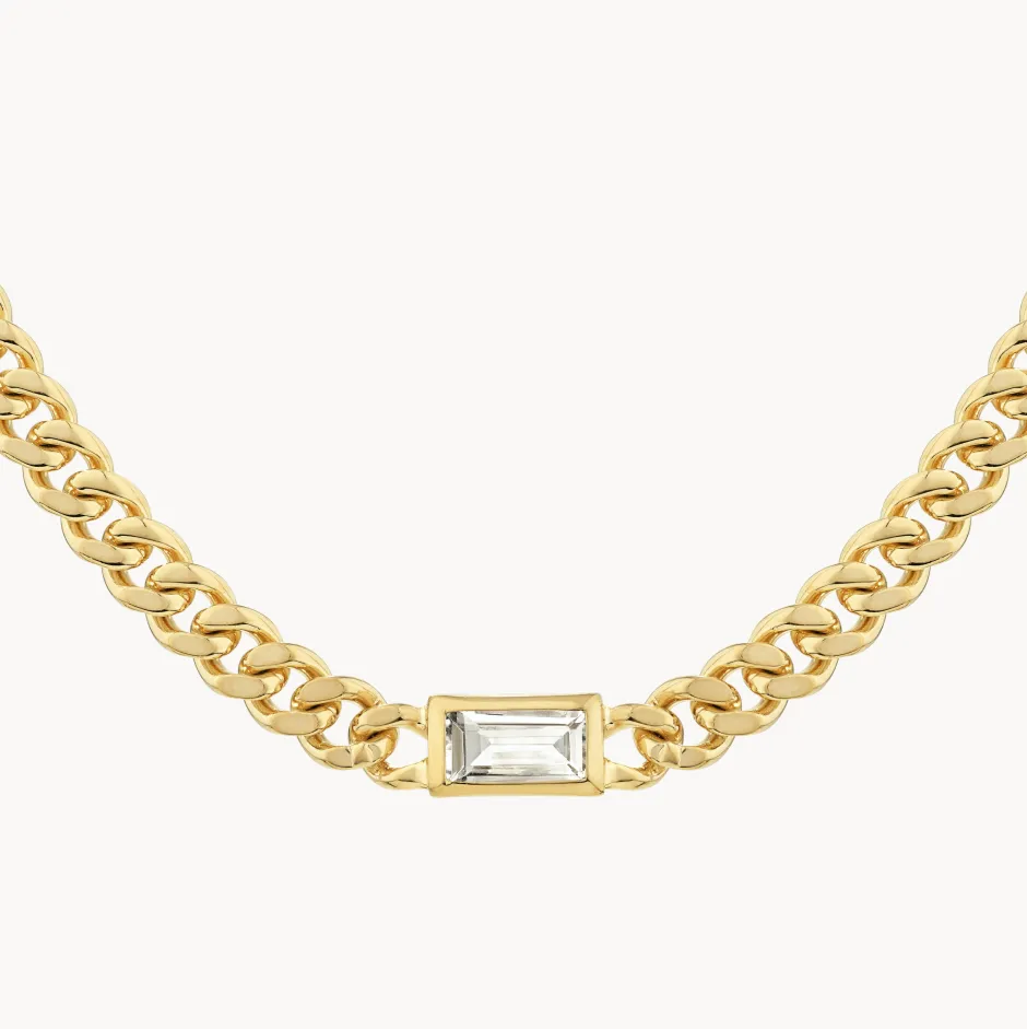 Outlet White Topaz Curb Chain Necklace in Gold Gifts For Him | Natural Gemstones