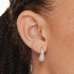 Hot White Topaz Dome Hoop Stud Earrings in Gold Natural Gemstones | 18k Fine Gold Plated