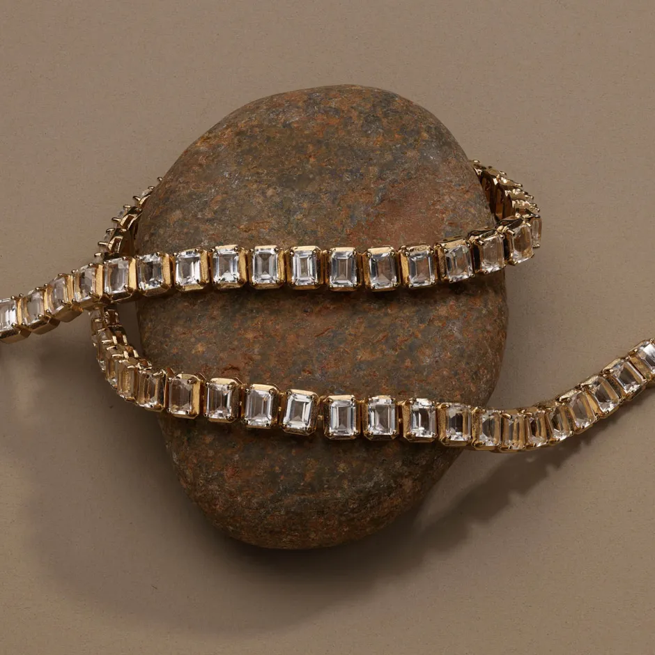 Sale White Topaz Emerald Cut Tennis Bracelet in Gold Natural Gemstones | 18k Fine Gold Plated