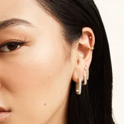 Sale White Topaz Mini Pave Paperclip Earrings in Gold Natural Gemstones | 18k Fine Gold Plated