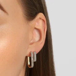 Sale White Topaz Mini Pave Paperclip Earrings in Gold Natural Gemstones | 18k Fine Gold Plated