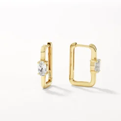 Clearance White Topaz Paperclip Hoop Earrings in Gold Natural Gemstones | 18k Fine Gold Plated