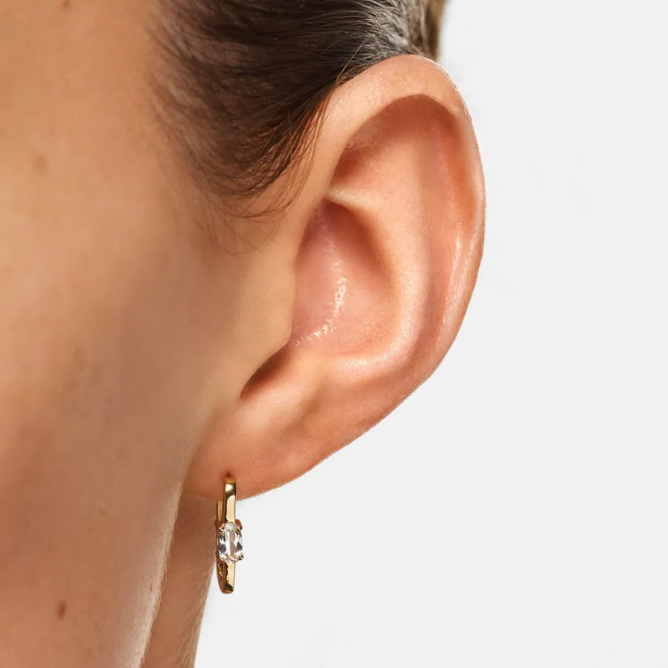 Clearance White Topaz Paperclip Hoop Earrings in Gold Natural Gemstones | 18k Fine Gold Plated