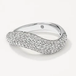 Clearance White Topaz Pave Wave Dome Ring in Silver Birthstone Jewellery | Natural Gemstones
