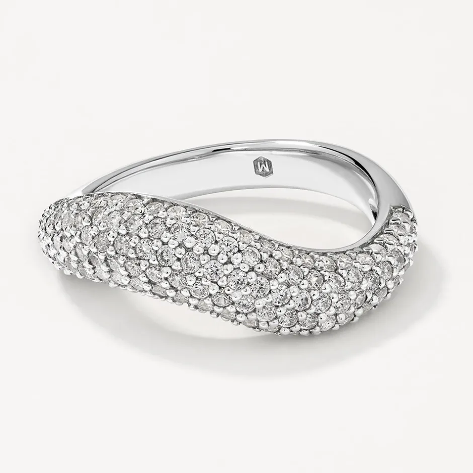 Clearance White Topaz Pave Wave Dome Ring in Silver Birthstone Jewellery | Natural Gemstones