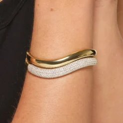 Hot White Topaz Pave Wave Dome Bangle in Gold Natural Gemstones | 18k Fine Gold Plated