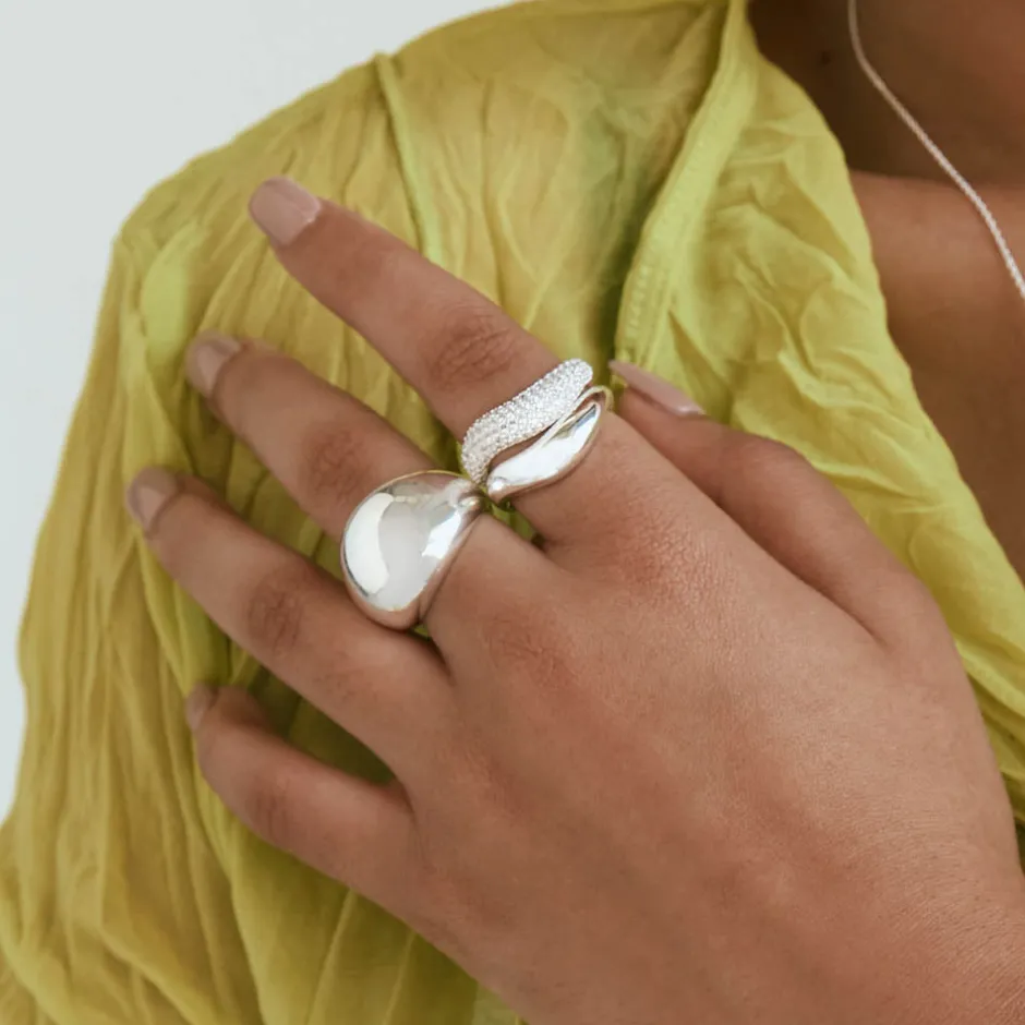 Clearance White Topaz Pave Wave Dome Ring in Silver Birthstone Jewellery | Natural Gemstones