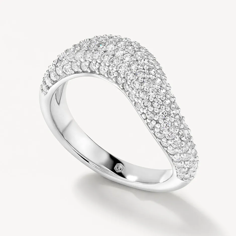 Clearance White Topaz Pave Wave Dome Ring in Silver Birthstone Jewellery | Natural Gemstones