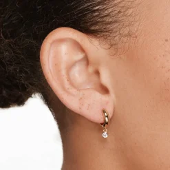 Discount White Topaz Round Drop Charm Huggies in Gold Natural Gemstones | 18k Fine Gold Plated