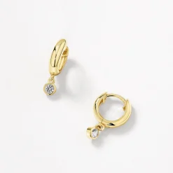 Discount White Topaz Round Drop Charm Huggies in Gold Natural Gemstones | 18k Fine Gold Plated