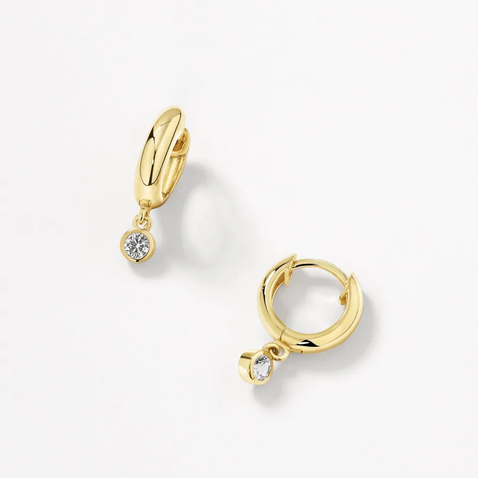 Discount White Topaz Round Drop Charm Huggies in Gold Natural Gemstones | 18k Fine Gold Plated