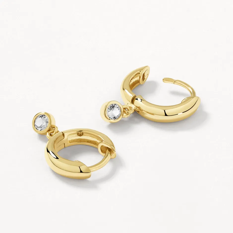 Discount White Topaz Round Drop Charm Huggies in Gold Natural Gemstones | 18k Fine Gold Plated