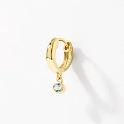 Discount White Topaz Round Drop Charm Huggies in Gold Natural Gemstones | 18k Fine Gold Plated