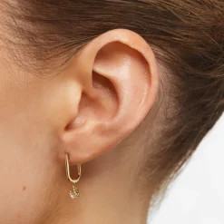 Online White Topaz U Hoop Drop Charm Huggies in Gold 18k Fine Gold Plated | Earrings