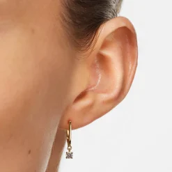 Online White Topaz U Hoop Drop Charm Huggies in Gold 18k Fine Gold Plated | Earrings