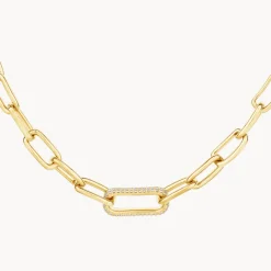 Online White Zircon Pave Link Paperclip Chain in Gold Natural Gemstones | 18k Fine Gold Plated
