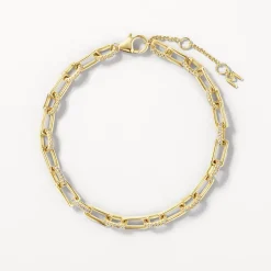 Sale White Zircon Pave Paperclip Chain Bracelet in Gold Natural Gemstones | 18k Fine Gold Plated